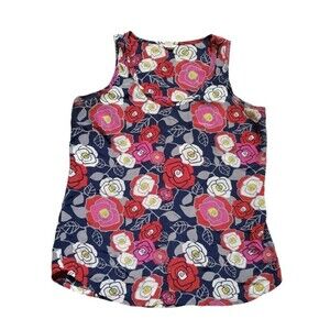 Fossil 100% Silk Tank Blouse Women Medium Red Black Sleeveless Top Floral Poppy